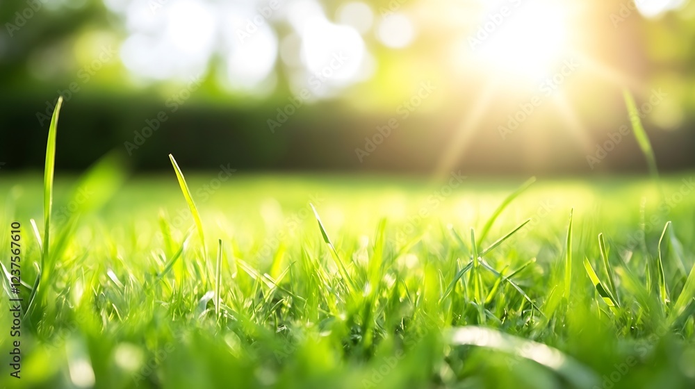 Poster sunlit green grass with blurred background ideal for nature and wellness themes : generative ai