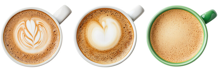Three Coffee Cups with Different Latte Art Designs Displayed