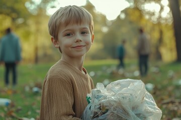 Preserve Earth Young boy gathers litter in a bag at a park smiling while his friends pick up plastic waste
