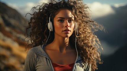 Concentrated curly brunette fitness woman running and listening music