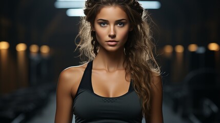 Concentrated young sports lady standing over black wall