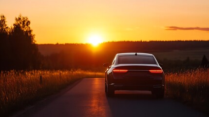 Sleek Car Driving on a Scenic Road at Sunset Through Open Fields : Generative AI