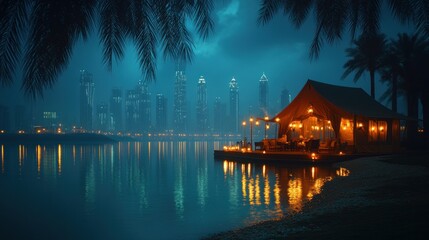 Fototapeta premium Nighttime Serenity: Lakeside Cabin with City Skyline