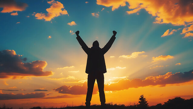 A successful man celebrating with arms raised concept of empowerment and achievement