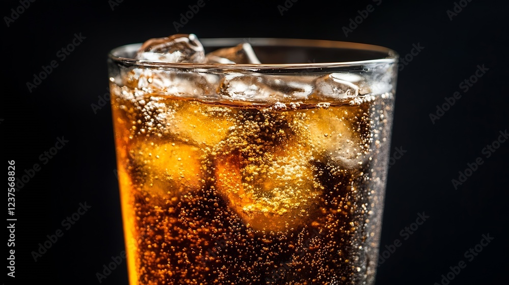 Poster close up of sparkling cola with ice cubes in glass against a dark background : generative ai