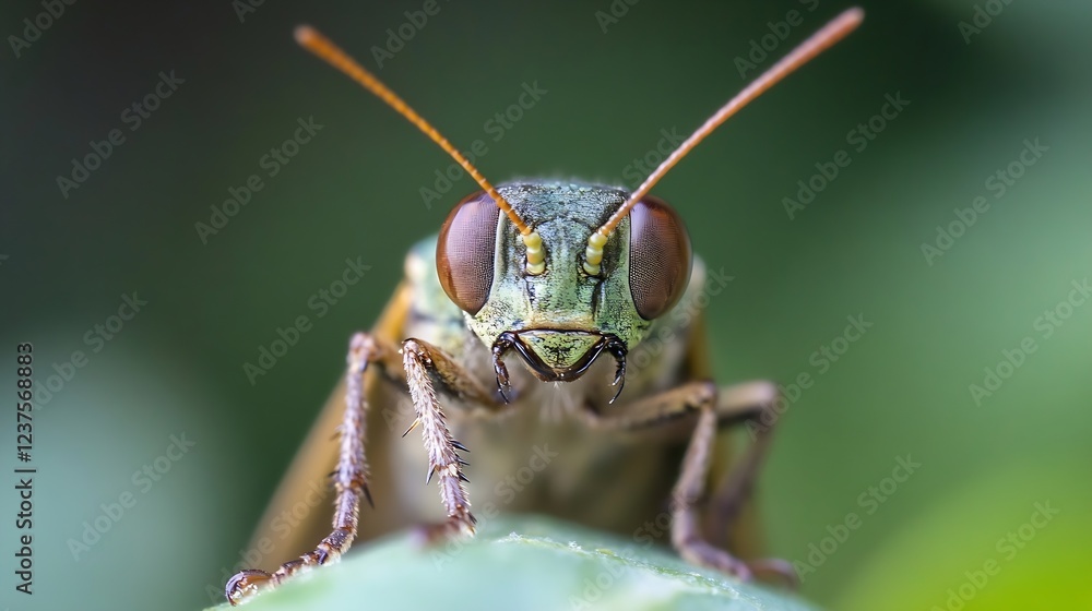 Poster Closeup Image of a Green Insect Focused on Antennae and Eyes with Soft Obscured Background : Generative AI