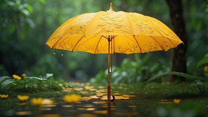 "Vibrant Yellow Umbrella Shielding from Raindrops in a Summer Storm"
