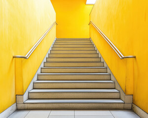 Modern Architecture Staircase in Bright Yellow Interior with Metal Railings in Urban Building