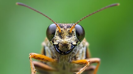 Macro photo depicting an attentive cicada with large prominent eyes against a green backdrop : Generative AI