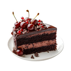 Chocolate Cherry Cake Slice with Cherries on Top Isolated on Transparent Background