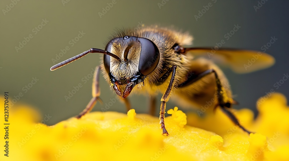 Poster detailed macro of honeybee pollinating on a bright yellow flower : generative ai