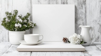 White mockup canvas, flowers, coffee, rustic wood