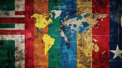 Fototapeta premium Colorful World Map on Weathered Flags Background Symbolizing Global Diversity and Unity : Generative AI