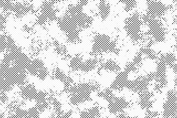 Abstract halftone gradient background. Dotted texture with fading effect. Black and white circle shade wallpaper. Grunge rough vector. Monochrome backdrop.