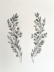 Fototapeta premium Symmetrical Floral Illustration: A Delicate Black-and-White Artwork Featuring Two Mirrored Flowers with Intricate Leaves, Showcasing Elegance and Minimalistic Beauty in a Hand-Drawn Style