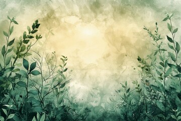 Watercolor Botanical Art: A Serene Watercolor Illustration Featuring Blue-Green Foliage at the Bottom, Blending into a Warm Gradient Background of Soft Yellows and Oranges, Evoking Tranquility and Nat