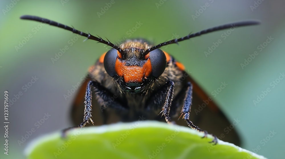 Poster vibrant orange and black beetle on leaf captured in macro shot : generative ai