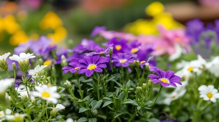 Obraz premium Vibrant Floral Blooms in a Lush Garden with Purple and Yellow Blossoms : Generative AI