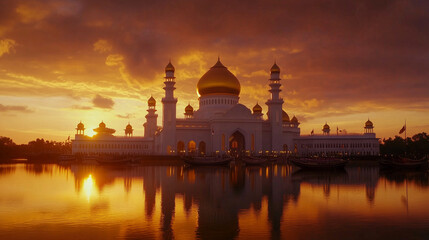 Fototapeta premium Independence Day of Brunei Darussalam. Stunning view of Sultan Omar Ali Saifuddin Mosque in Brunei at sunset