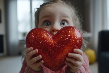 Sign of love. Ð¡hildren valentine's day greeting card: toddler girl with startled face holds red heart in hands. Commercial marketing idea. February love vibes. Love family concept.