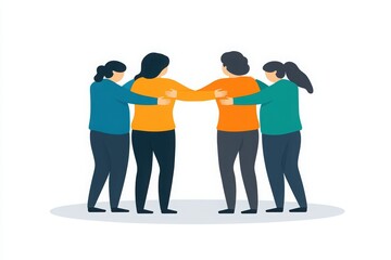 Fototapeta premium Four diverse women standing together, embracing unity and support, showcasing teamwork and friendship in a vibrant, colorful illustration.
