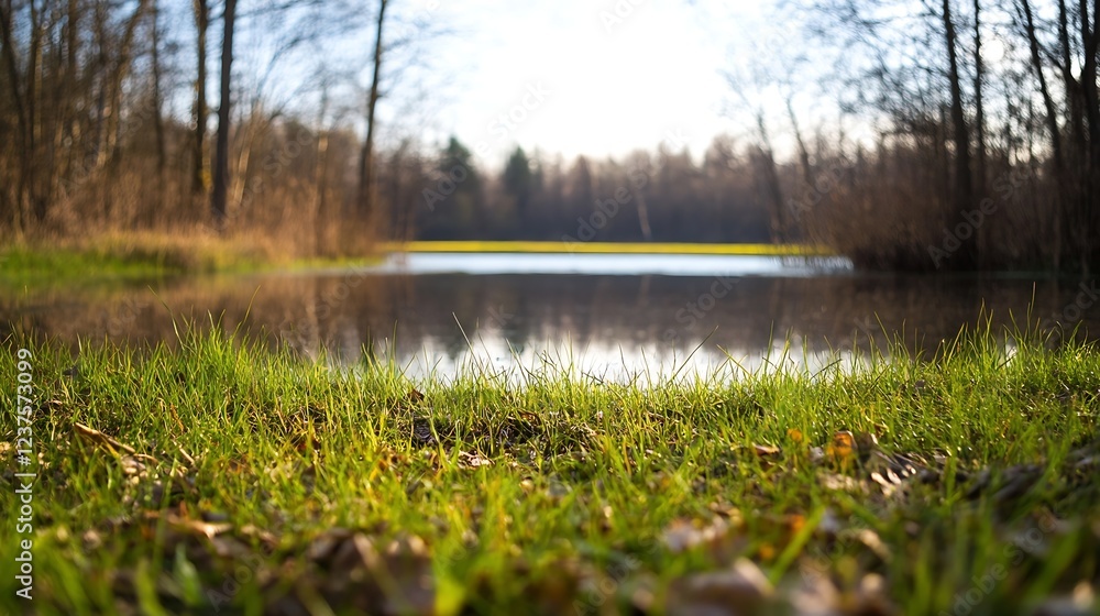 Poster tranquil forest pond viewed through green meadow in springtime : generative ai