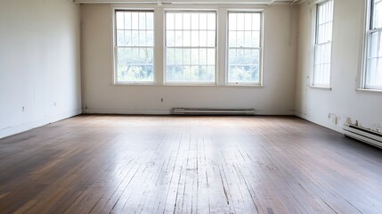 Bright Empty Room with Wooden Floor and Large Windows Filling Space with Natural Light : Generative AI