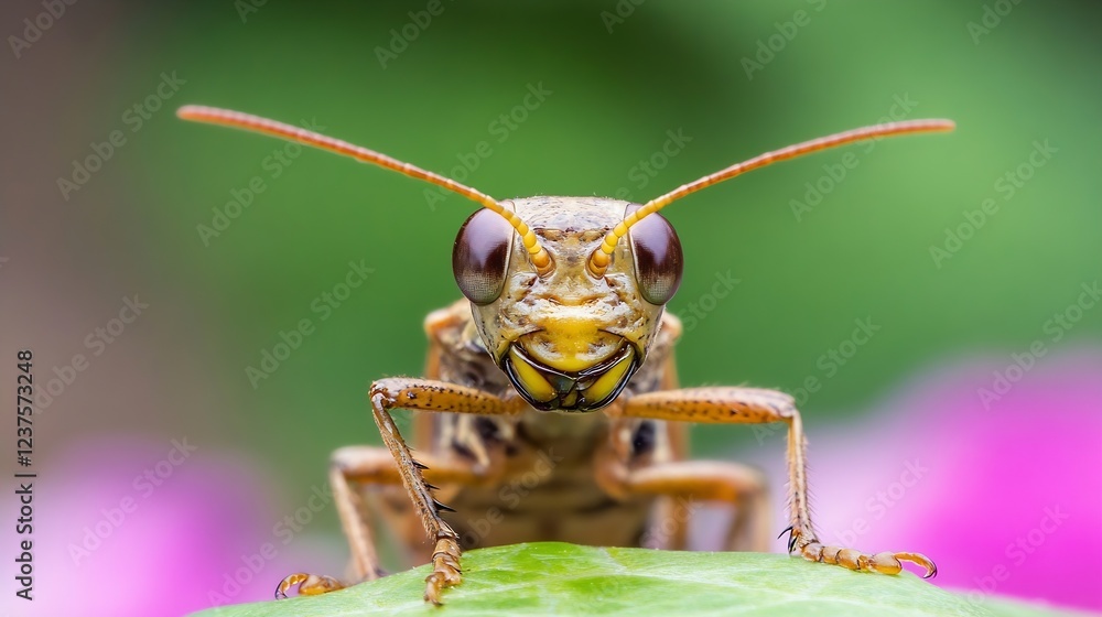 Poster CloseUp of a Grasshopper Face with Vivid Natural Background Colors : Generative AI