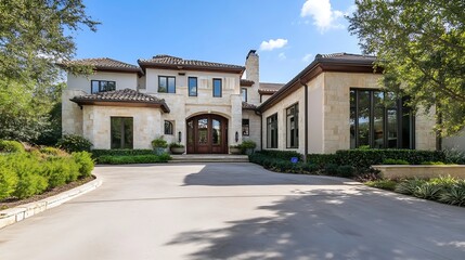 Elegant Luxury Home with Stone Facade and Expansive Driveway Entrance : Generative AI