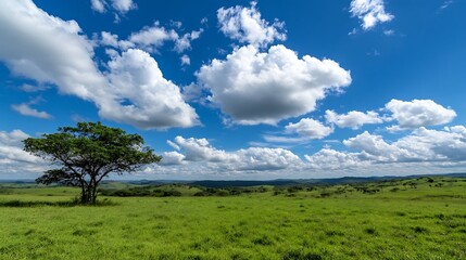Obraz premium Vast Green Landscape Under Scenic Sky With Solitary Tree and White Clouds : Generative AI