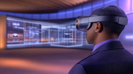 Man wearing virtual reality headset in modern office environment, engaging with digital interface