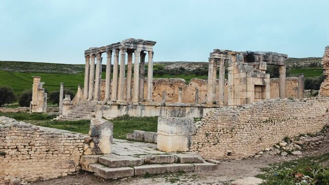 Temple building details of Juno Celestis (Junon Celestis), archaeological site of ancient Roman Dougga, Tunisia. High quality 4k footage