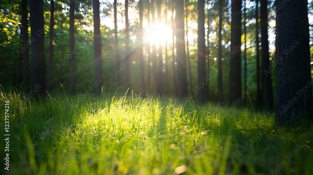 Poster Sunlight Filtering Through Lush Green Forest Trees Creating a Serene and Tranquil Nature Scene : Generative AI