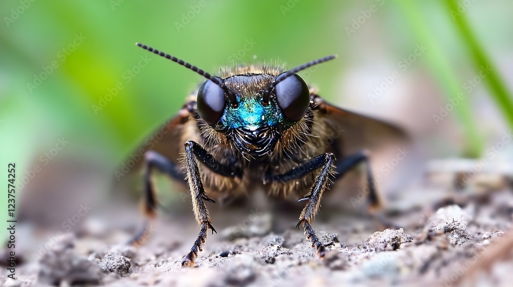Poster Close Up of Fuzzy Bee on Ground with Vibrant Green Background : Generative AI