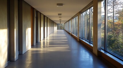 Long Corridor with Sunny Windows and Hardwood Floors in a Quiet Building : Generative AI