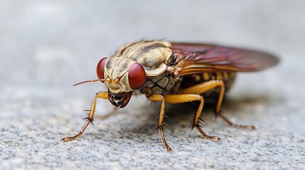 Detailed macro shot of a housefly standing on a textured outdoor surface : Generative AI