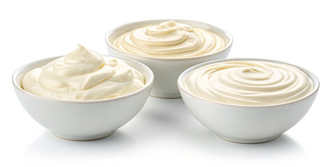 Collection of Three Bowls of Sour Cream Isolated on a Clean Background for Culinary Use