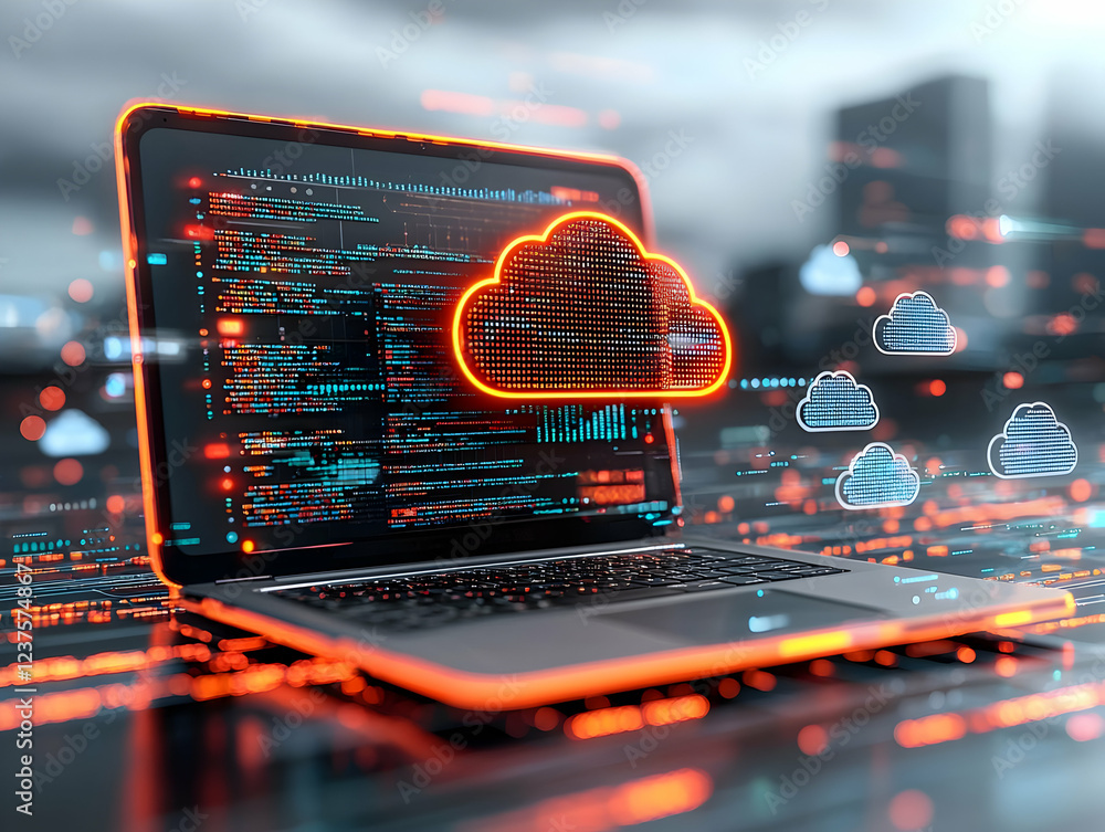 Poster laptop displays cloud computing code
