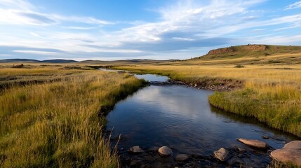 Idyllic Stream Flowing Through Grassy Meadow with Clear Blue Skies Above : Generative AI