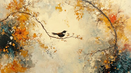 Bird on branch, autumnal garden, tranquil scene, nature art