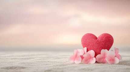 Fototapeta premium A vibrant pink heart rests among delicate flowers, set against a soft, dreamy background, evoking feelings of love and warmth.