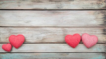 Fototapeta premium Colorful hearts on a rustic wooden background create a warm, romantic atmosphere, perfect for celebrations of love and affection.