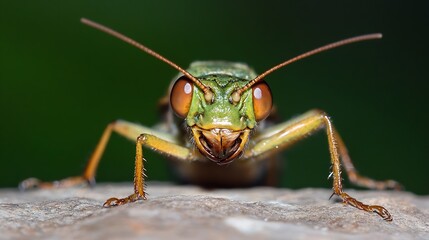 Close Up Macro Photograph of Green Grasshopper with Detailed Texture on Stone : Generative AI