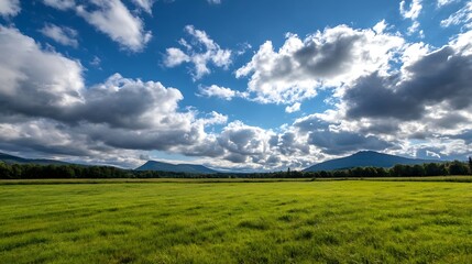 Expansive Green Field Under Dramatic Cloudy Sky in Vibrant Landscape View : Generative AI