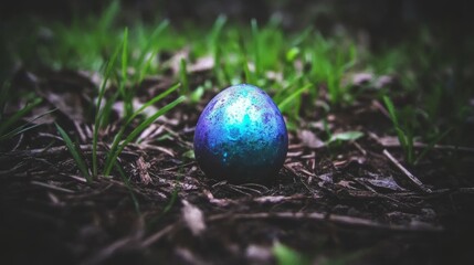 Mysterious Blue Egg in Dark Forest Setting