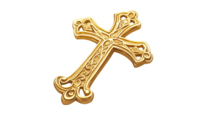 Golden ornate cross representing christianity on transparent background