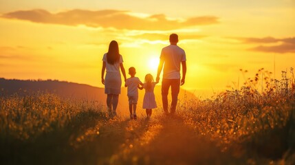 Happy family parents and children standing at sunset 