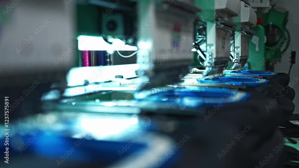 Poster closeup of embroidery machine with threads stitching precise patterns, slow motion unison of manufac