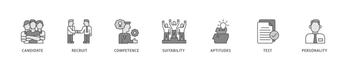 Assessment icon set flow process which consists of user candidate, recruit, competence, suitability, aptitudes, test and personality icon live stroke and easy to edit .
