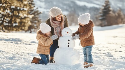 Mother and two children building a snowman in a winter landscape